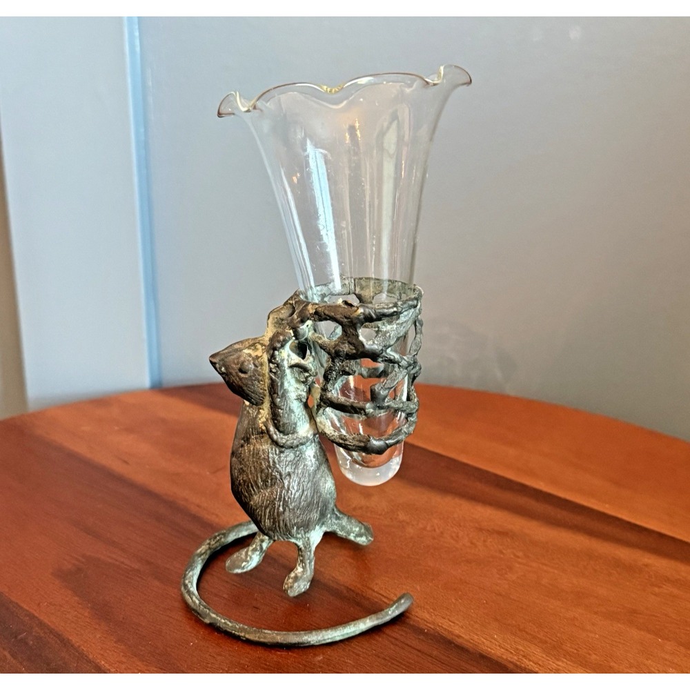 Vintage Cast Metal Mouse Bud Vase Verdigris Glass Tulip Vase Whimsical Decor 7"